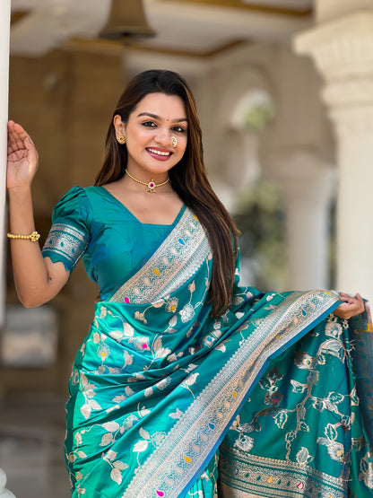 Attractive Blue Soft Banarasi Silk Saree With Lovely Blouse Piece