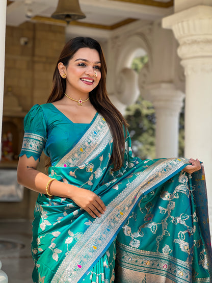 Attractive Blue Soft Banarasi Silk Saree With Lovely Blouse Piece