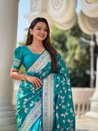 Attractive Blue Soft Banarasi Silk Saree With Lovely Blouse Piece