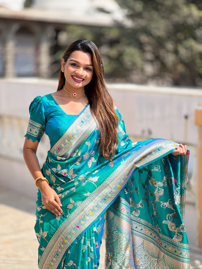 Attractive Blue Soft Banarasi Silk Saree With Lovely Blouse Piece