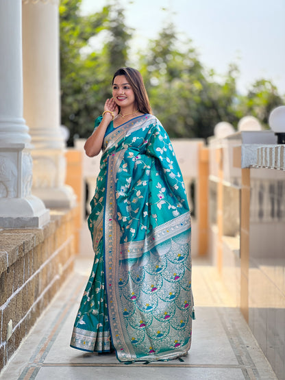 Attractive Blue Soft Banarasi Silk Saree With Lovely Blouse Piece