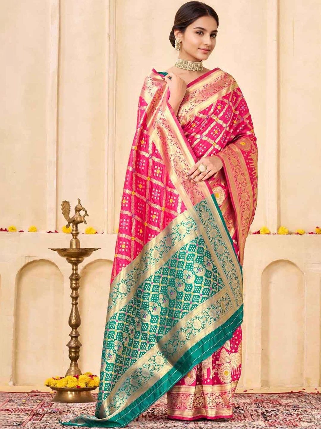 KeKoVi Women's Dark Green Banarasi Art Silk Saree with Rich Zari Border & Red Unstitched Blouse | Traditional Wedding & Festive Wear
