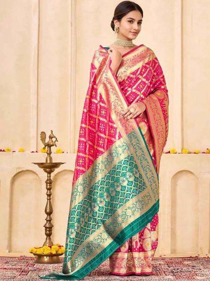 KeKoVi Women's Dark Green Banarasi Art Silk Saree with Rich Zari Border & Red Unstitched Blouse | Traditional Wedding & Festive Wear