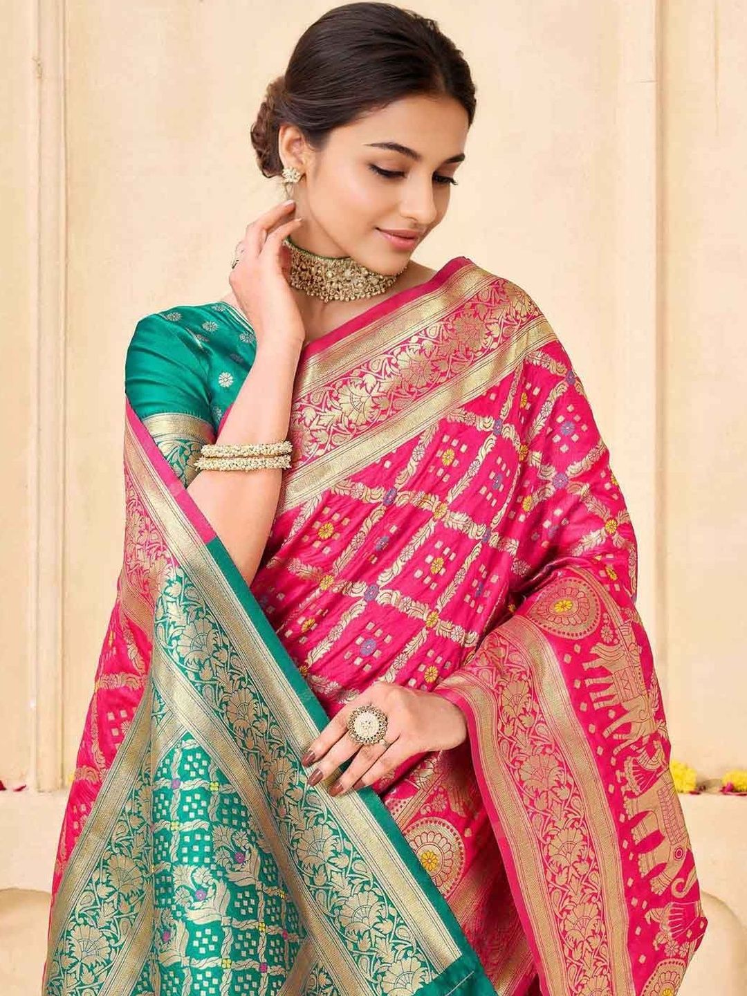 KeKoVi Women's Dark Green Banarasi Art Silk Saree with Rich Zari Border & Red Unstitched Blouse | Traditional Wedding & Festive Wear