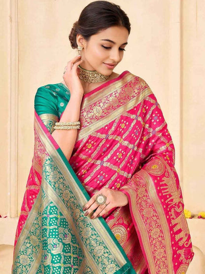 KeKoVi Women's Dark Green Banarasi Art Silk Saree with Rich Zari Border & Red Unstitched Blouse | Traditional Wedding & Festive Wear