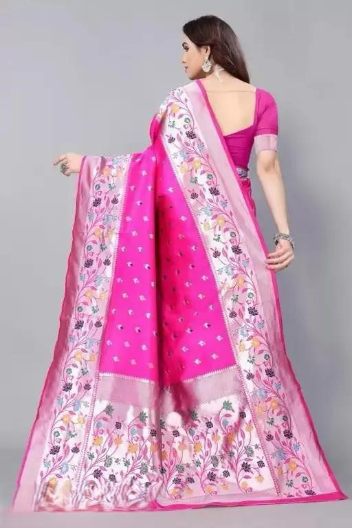 KeKoVi Black Floral Soft Silk Saree with Silver Woven Border & Unstitched Blouse | Party Wear | Wedding & Festive Saree