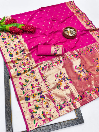Rama Green Paithani Style Silk Saree with Floral Zari Border & Unstitched Blouse