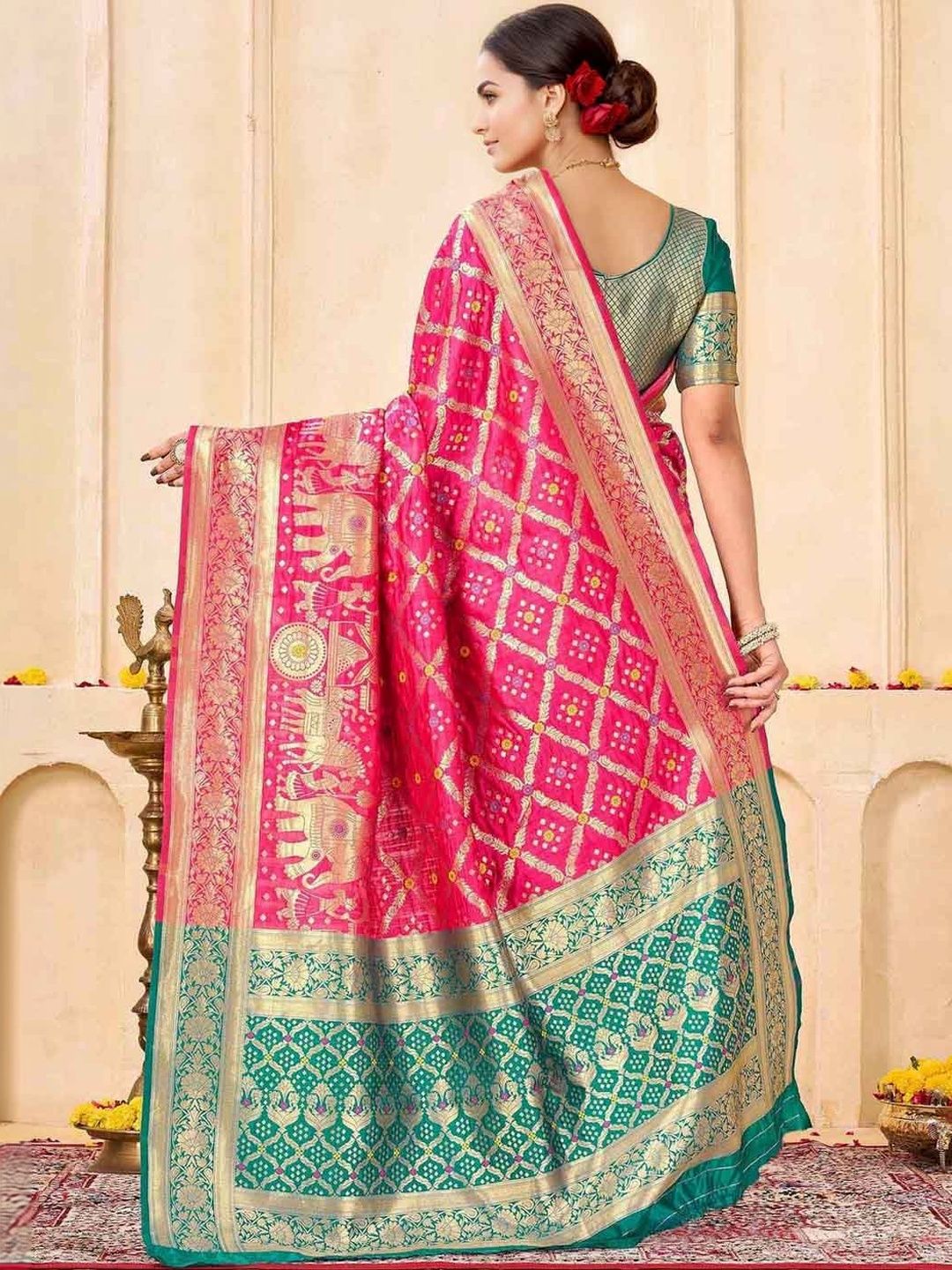 KeKoVi Women's Dark Green Banarasi Art Silk Saree with Rich Zari Border & Red Unstitched Blouse | Traditional Wedding & Festive Wear