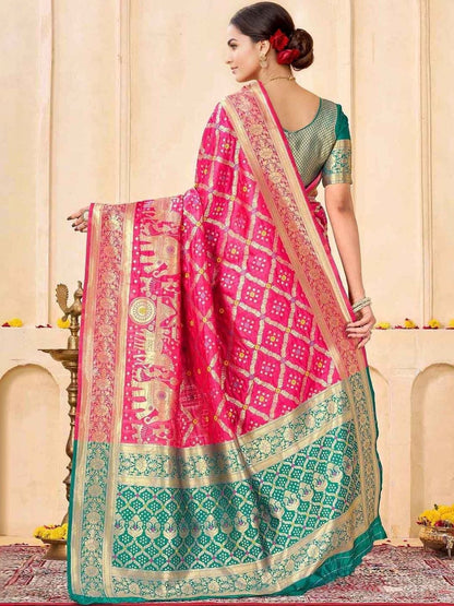KeKoVi Women's Dark Green Banarasi Art Silk Saree with Rich Zari Border & Red Unstitched Blouse | Traditional Wedding & Festive Wear