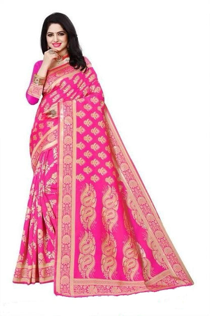 KeKoVi Women's Bottle Green Banarasi Silk Blend Saree with Rich Golden Zari Woven Buti & Traditional Border