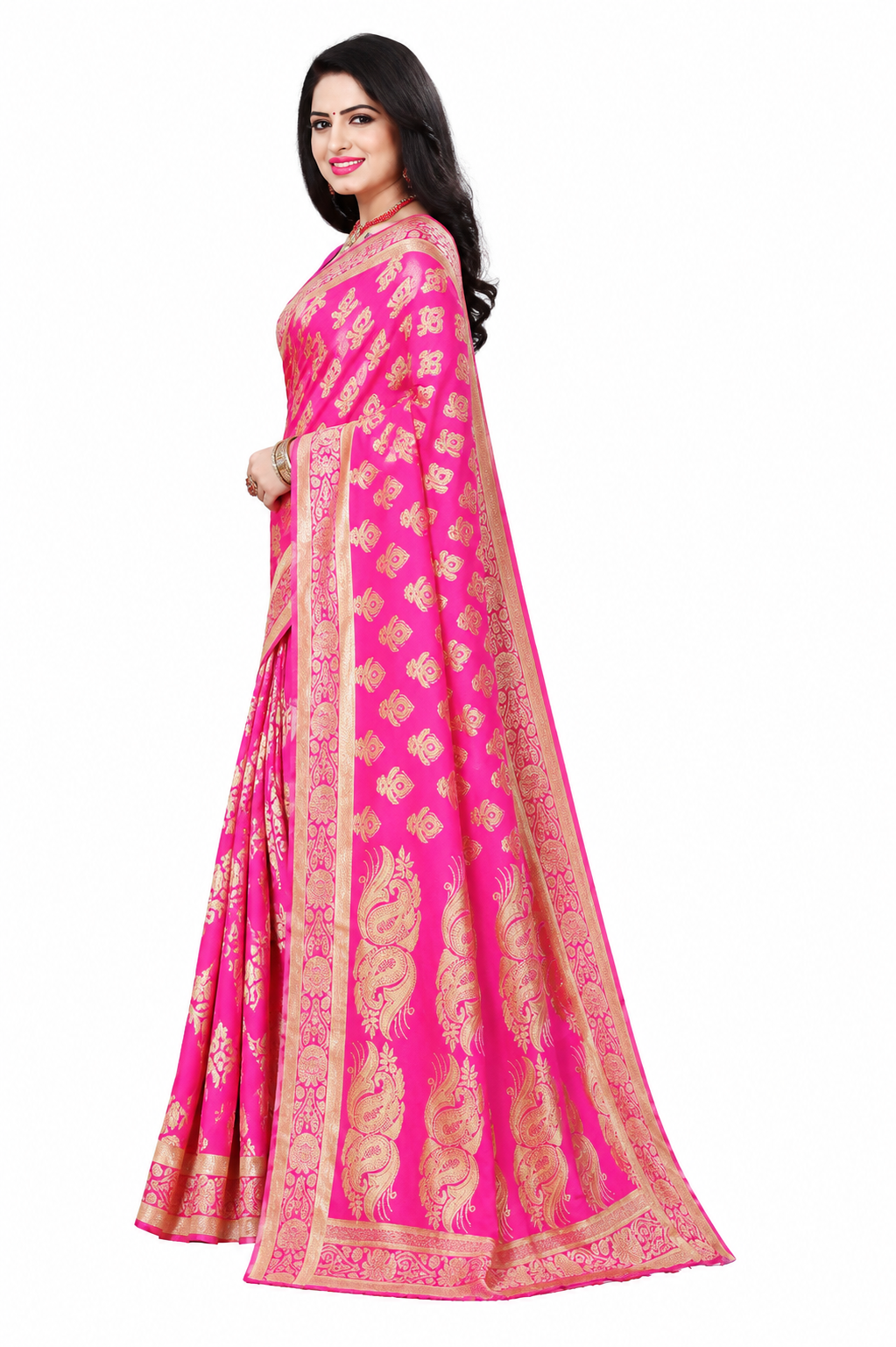 KeKoVi Women's Bottle Green Banarasi Silk Blend Saree with Rich Golden Zari Woven Buti & Traditional Border
