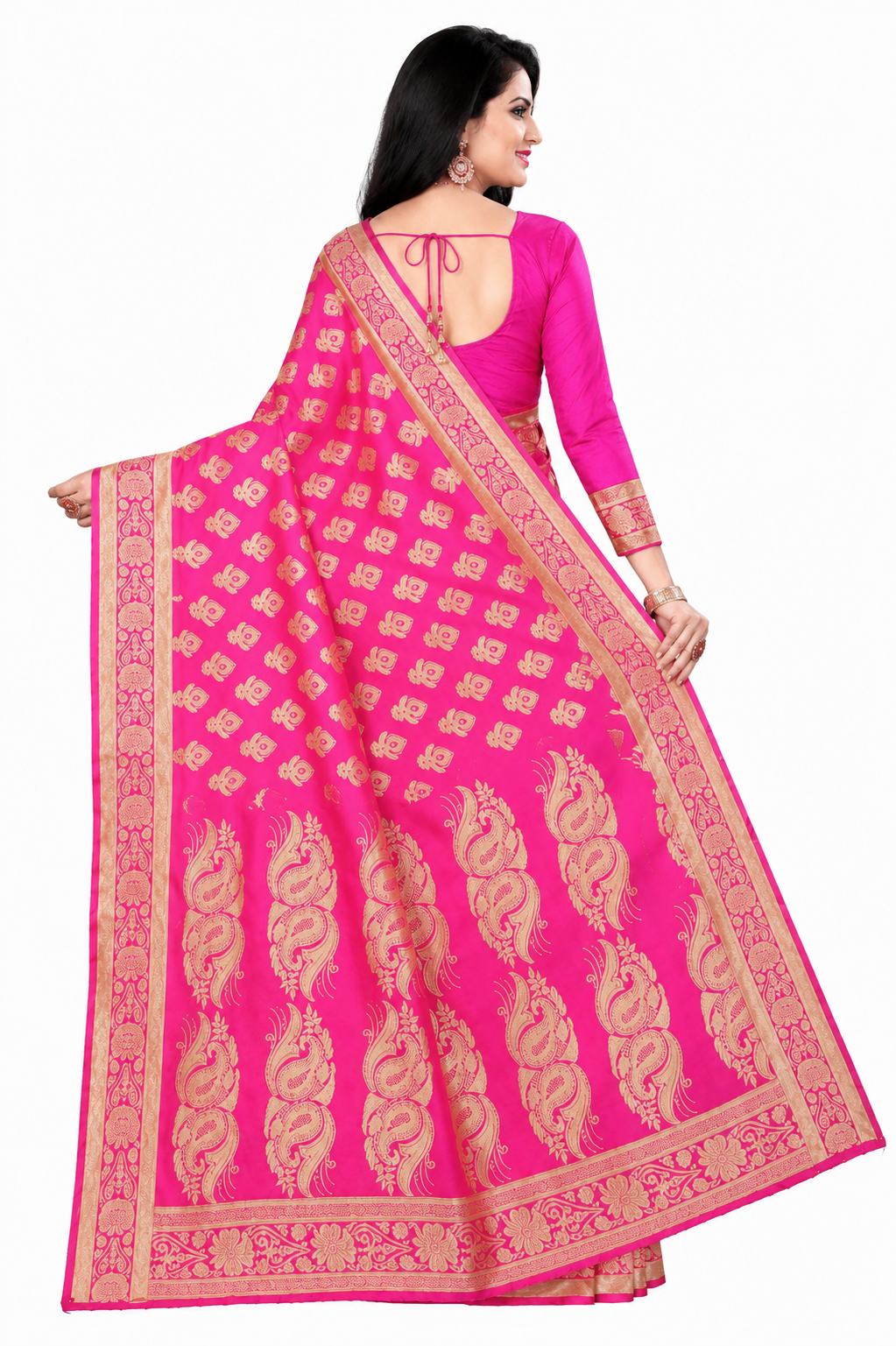 KeKoVi Women's Bottle Green Banarasi Silk Blend Saree with Rich Golden Zari Woven Buti & Traditional Border