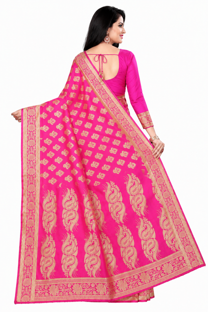 KeKoVi Women's Bottle Green Banarasi Silk Blend Saree with Rich Golden Zari Woven Buti & Traditional Border