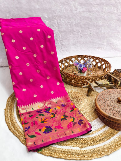 Rama Green Paithani Style Silk Saree with Floral Zari Border & Unstitched Blouse