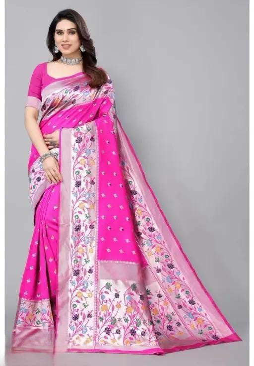 KeKoVi Black Floral Soft Silk Saree with Silver Woven Border & Unstitched Blouse | Party Wear | Wedding & Festive Saree