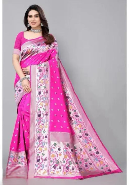 KeKoVi Black Floral Soft Silk Saree with Silver Woven Border & Unstitched Blouse | Party Wear | Wedding & Festive Saree