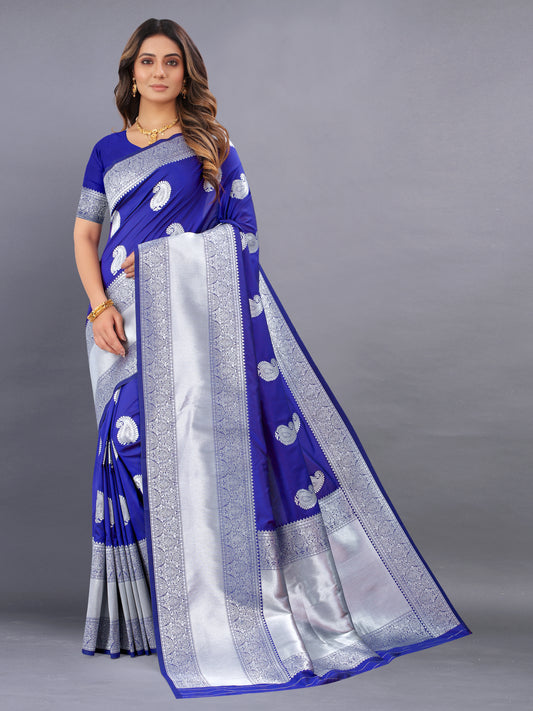 Royal Blue Color Women's Soft Kanjeevaram Silk Saree with Silver Zari Woven and Beautiful Rich Pallu Design & Jacquard Work Saree With Unstiched Blouse Piece.