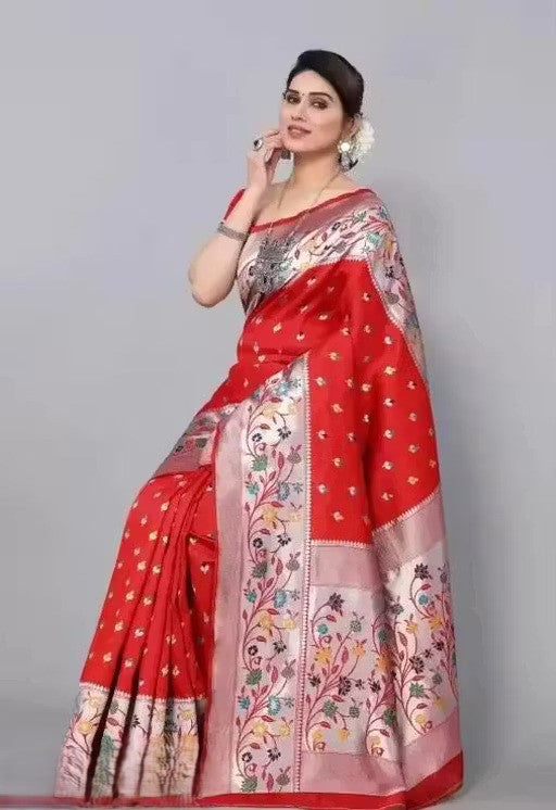 KeKoVi Black Floral Soft Silk Saree with Silver Woven Border & Unstitched Blouse | Party Wear | Wedding & Festive Saree