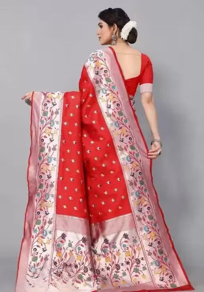 KeKoVi Black Floral Soft Silk Saree with Silver Woven Border & Unstitched Blouse | Party Wear | Wedding & Festive Saree