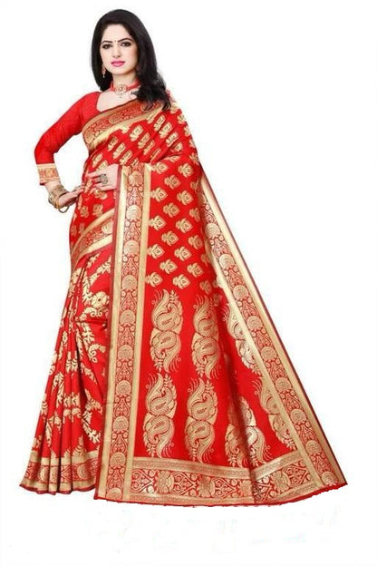 KeKoVi Women's Bottle Green Banarasi Silk Blend Saree with Rich Golden Zari Woven Buti & Traditional Border