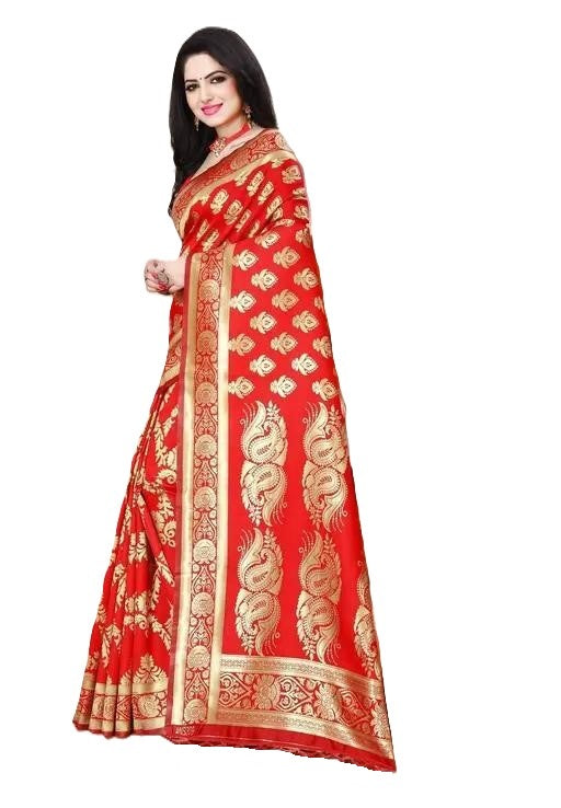 KeKoVi Women's Bottle Green Banarasi Silk Blend Saree with Rich Golden Zari Woven Buti & Traditional Border