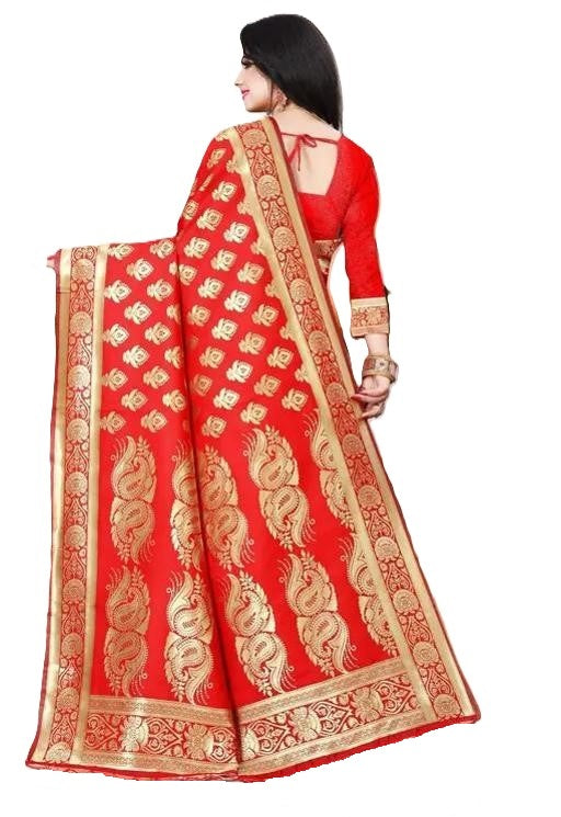 KeKoVi Women's Bottle Green Banarasi Silk Blend Saree with Rich Golden Zari Woven Buti & Traditional Border