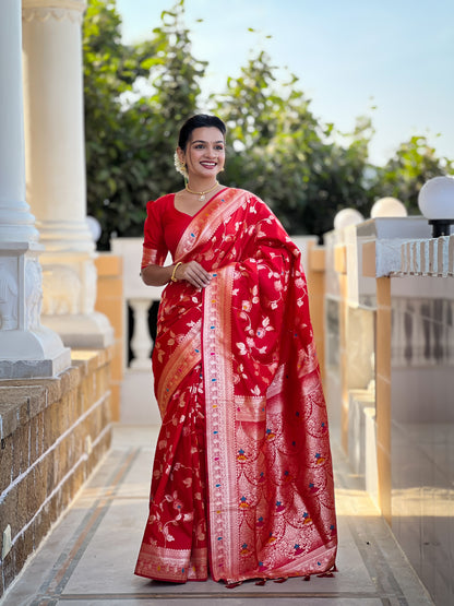 Soft Banarasi Silk Saree With Zari Weaving Minakari Touchup Design