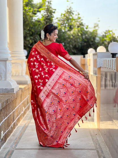 Soft Banarasi Silk Saree With Zari Weaving Minakari Touchup Design