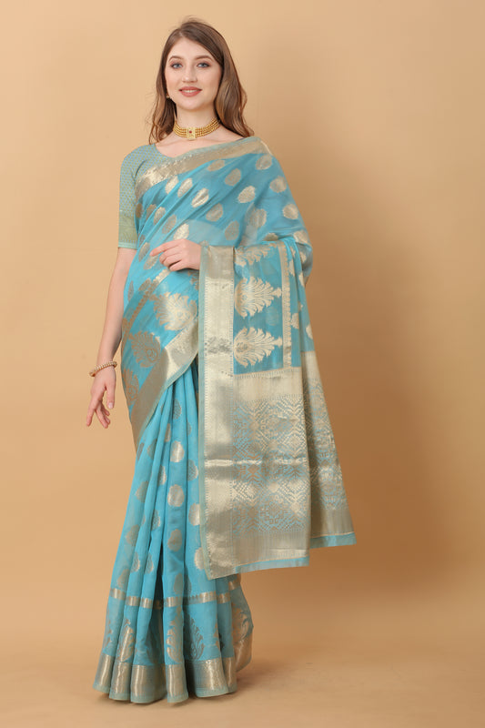 Light Blue Color Women’s Rich Golden Zari Woven Soft Organza Silk Saree with Unstitched Blouse Piece