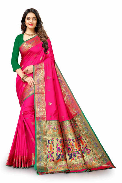 Pink Color Women's Peacock Design Soft Paithani Silk Saree With Unstitched Blouse Piece