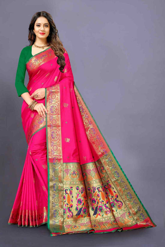 Pink Color Women's Peacock Design Soft Paithani Silk Saree With Unstitched Blouse Piece