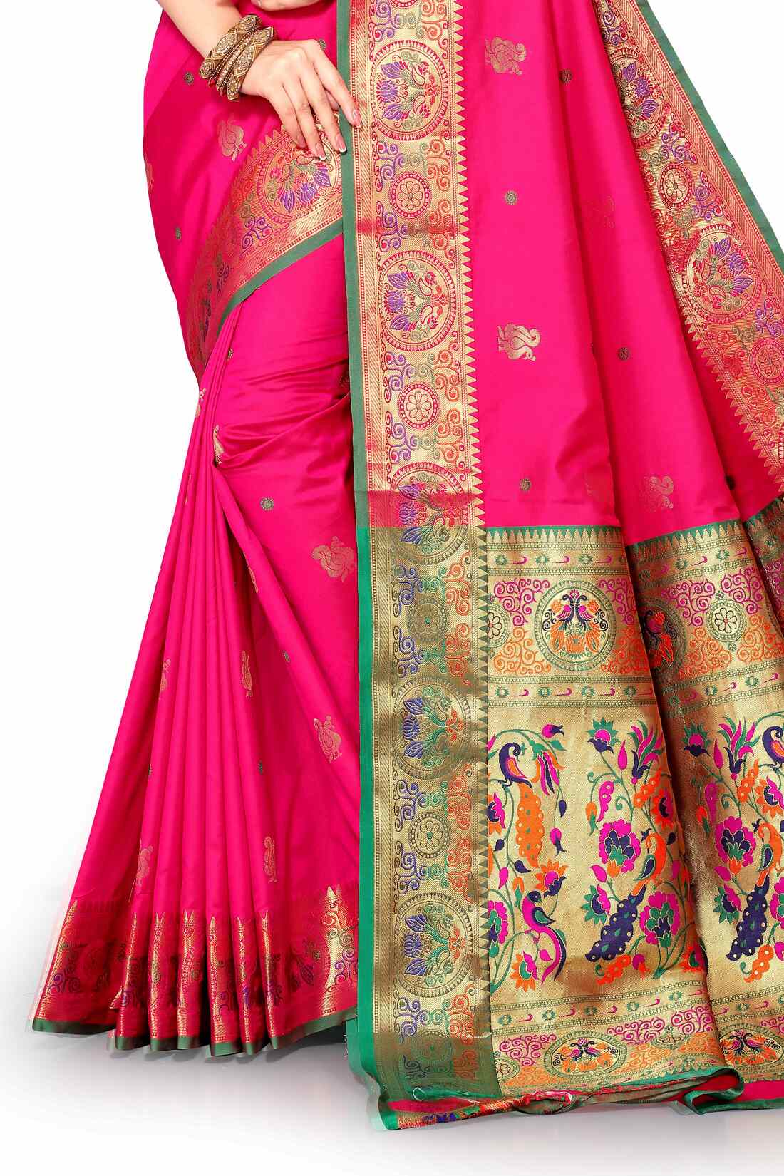 Pink Color Women's Peacock Design Soft Paithani Silk Saree With Unstitched Blouse Piece