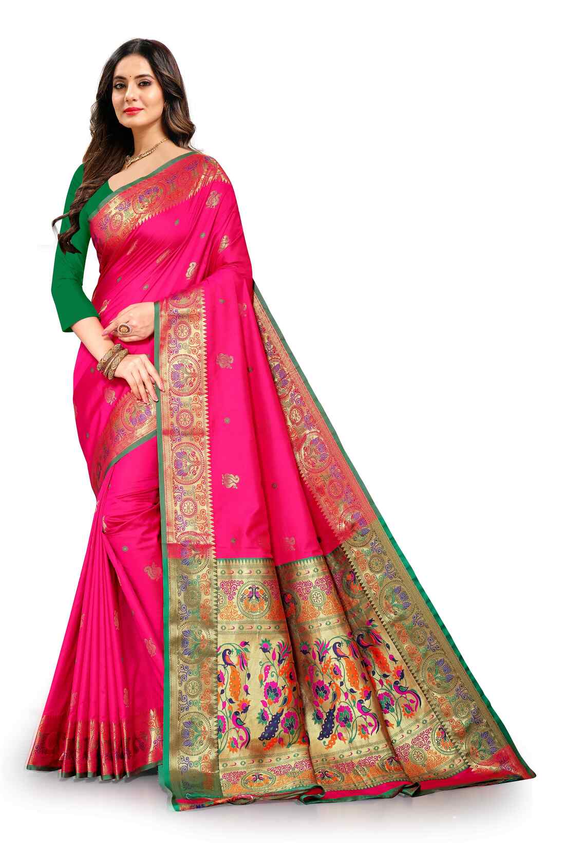 Pink Color Women's Peacock Design Soft Paithani Silk Saree With Unstitched Blouse Piece