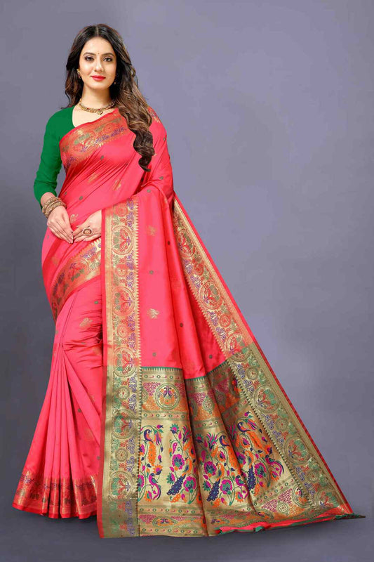 Peach Color Women's Peacock Design Soft Paithani Silk Saree With Unstitched Blouse Piece