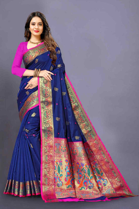 Nevy Blue Color Women's Peacock Design Soft Paithani Silk Saree With Unstitched Blouse Piece