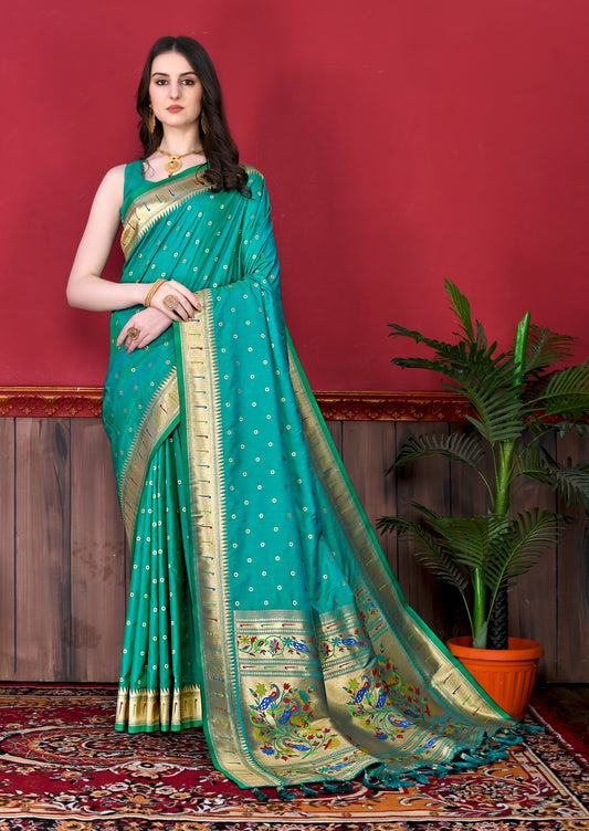 Soft Paithani Silk Saree with Gold Zari Weaving Motifs