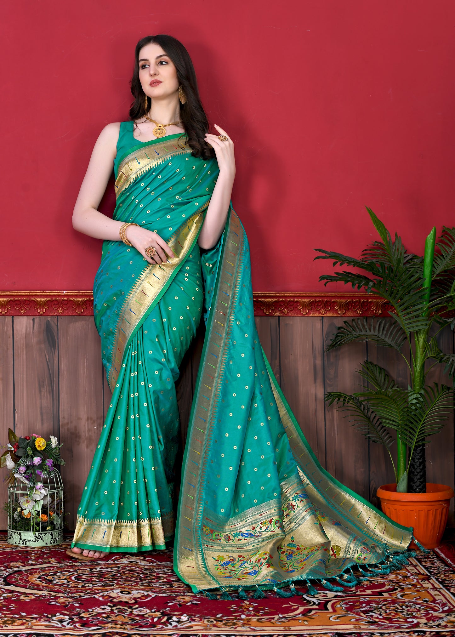 Soft Paithani Silk Saree with Gold Zari Weaving Motifs