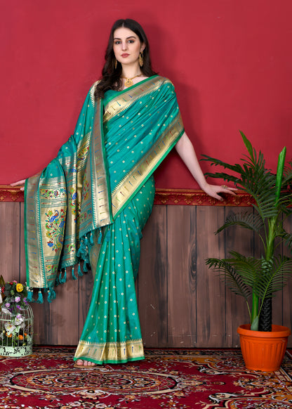 Soft Paithani Silk Saree with Gold Zari Weaving Motifs