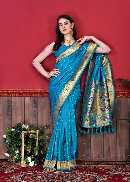 Soft Paithani Silk Saree with Gold Zari Weaving Motifs