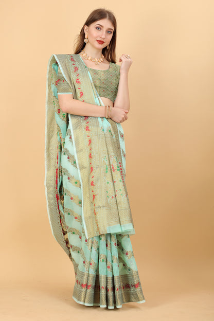 Soft cotton  saree with zari  weawing design  and Rich Zari weawing Pallu with  zari weawing  border