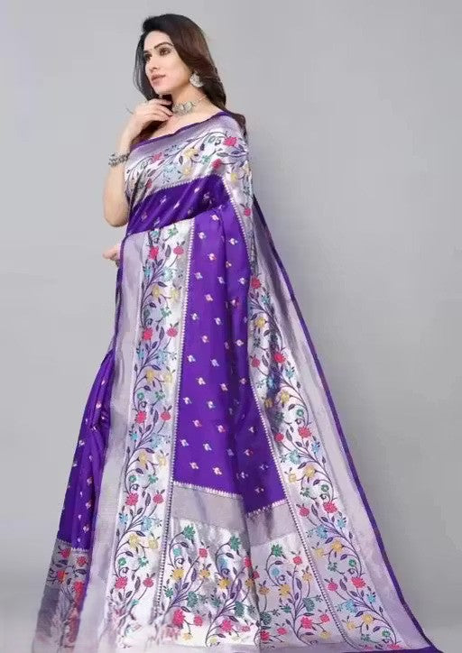KeKoVi Black Floral Soft Silk Saree with Silver Woven Border & Unstitched Blouse | Party Wear | Wedding & Festive Saree