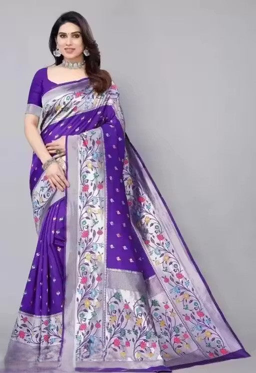 KeKoVi Black Floral Soft Silk Saree with Silver Woven Border & Unstitched Blouse | Party Wear | Wedding & Festive Saree