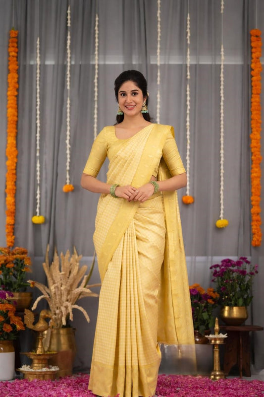 KeKoVi Women's Light Golden Yellow Banarasi Silk Saree with Rich Zari Border & Unstitched Blouse