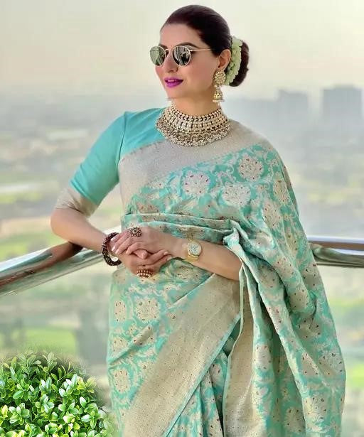 Women's Mint Green Soft Silk Banarasi Saree with Silver Zari Woven Border & Unstitched Blouse