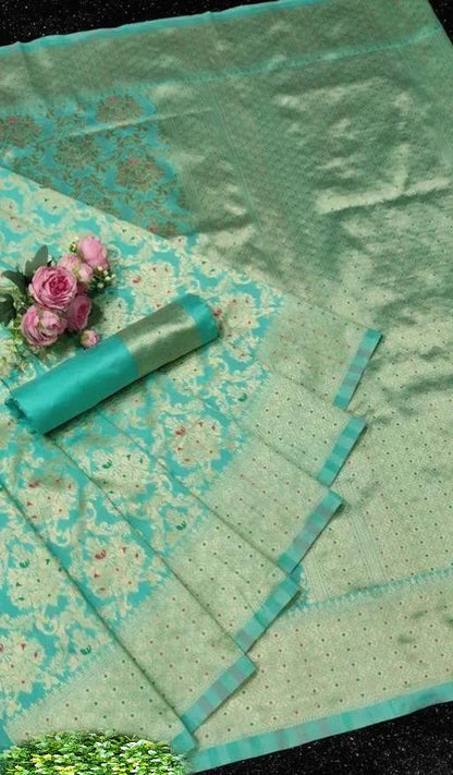 Women's Mint Green Soft Silk Banarasi Saree with Silver Zari Woven Border & Unstitched Blouse