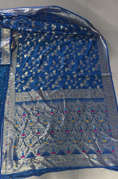 Royal Blue Banarasi Silk Blend Saree with Silver Zari Floral Jaal Weaving & Rich Woven Pallu