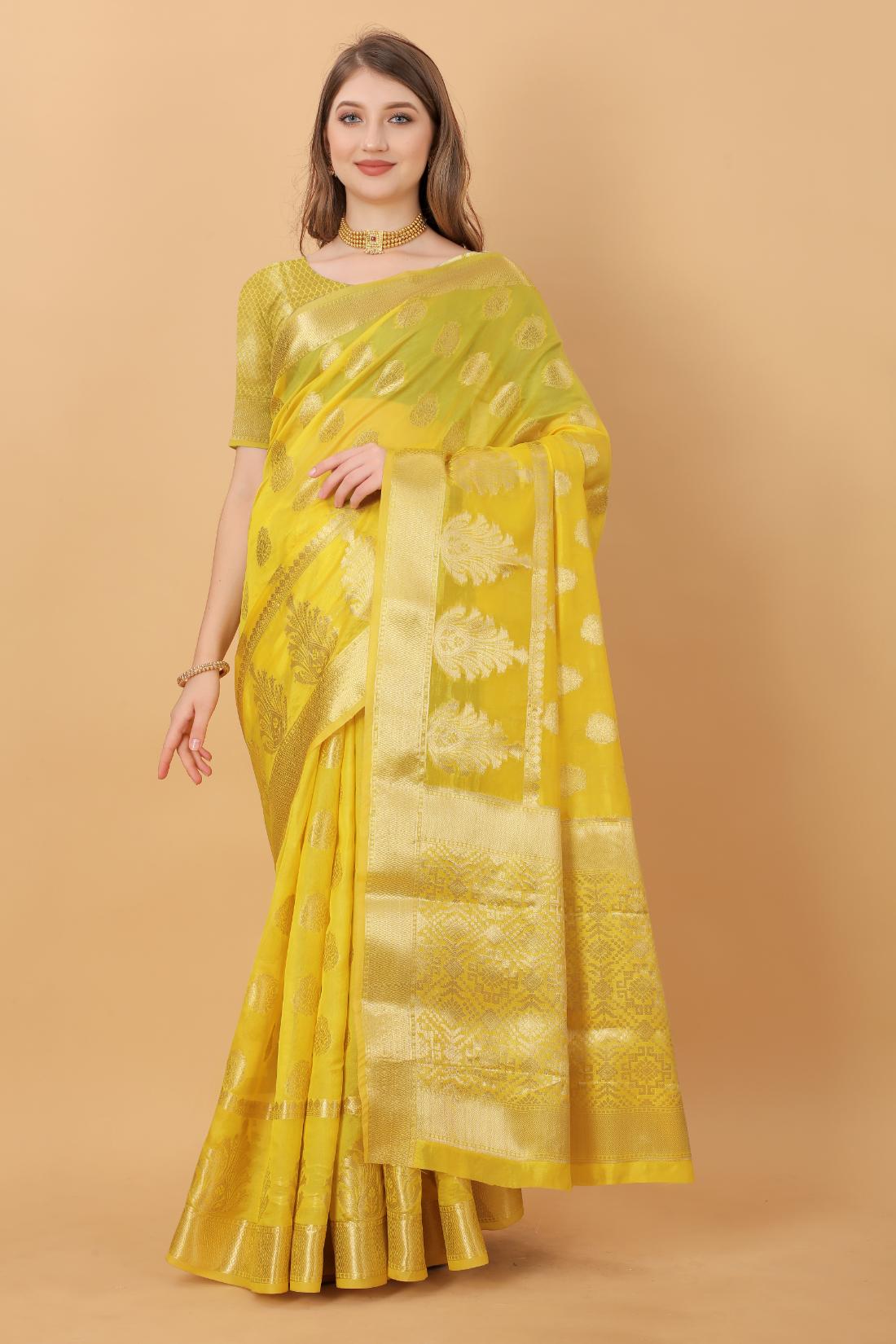 Mustured Color Women’s Rich Golden Zari Woven Soft Organza Silk Saree with Unstitched Blouse Piece.