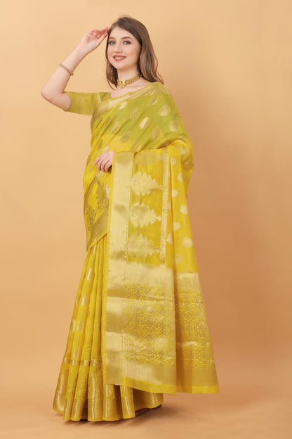 Mustured Color Women’s Rich Golden Zari Woven Soft Organza Silk Saree with Unstitched Blouse Piece.