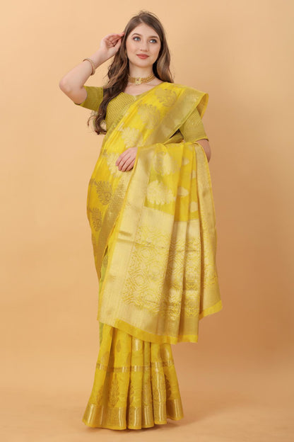 Mustured Color Women’s Rich Golden Zari Woven Soft Organza Silk Saree with Unstitched Blouse Piece.