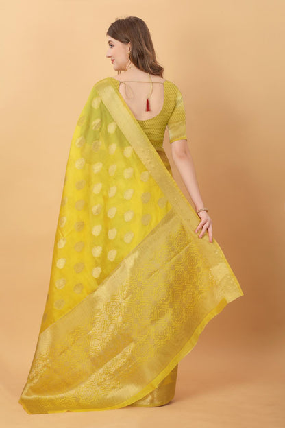 Mustured Color Women’s Rich Golden Zari Woven Soft Organza Silk Saree with Unstitched Blouse Piece.